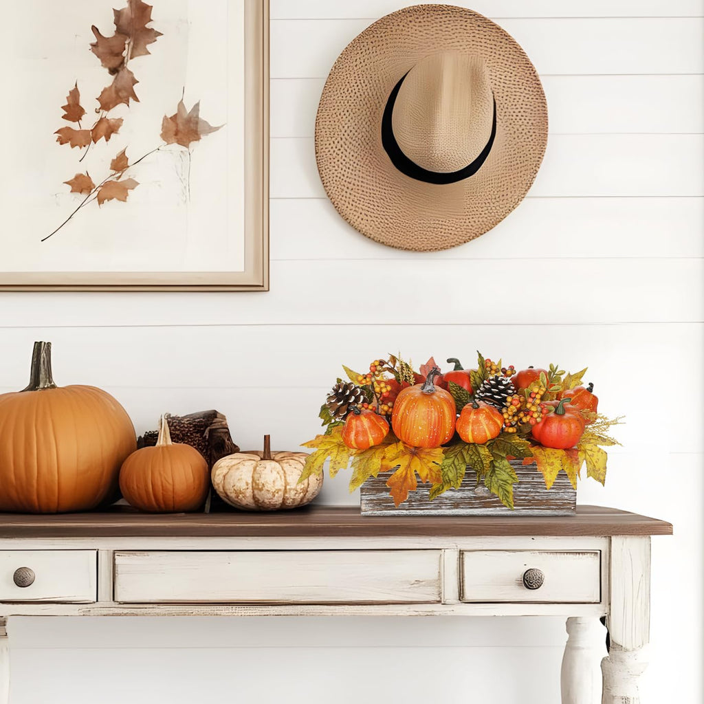 Artificial Pumpkins Fall Centerpiece for Table In Rustic Wooden Box Vase