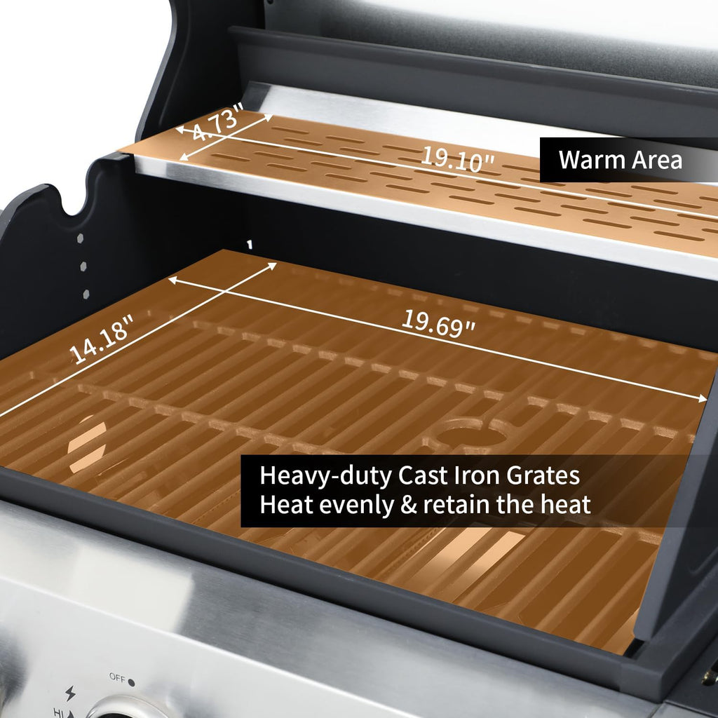 3-Burner Propane Gas Grill with Side Burner, 39,000 BTU Outdoor BBQ Grill with Cast Iron Grates and Storage Cabinet