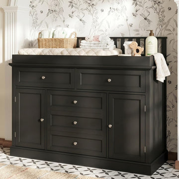 46" Black Baby Changing Table Nursery Dresser with Removable Top | Large Dresser with 5 Storage Drawers and 2 Doors