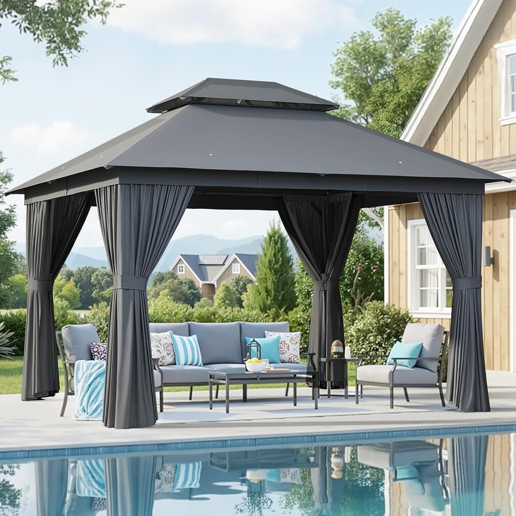 Outdoor Gazebo for Patio 10x12, Metal Frame Canopy with Double Roofs, Heavy Duty Party Tent and Shelter with Mosquito Netting and Privacy Screen for Backyard, Lawn, Garden, Deck