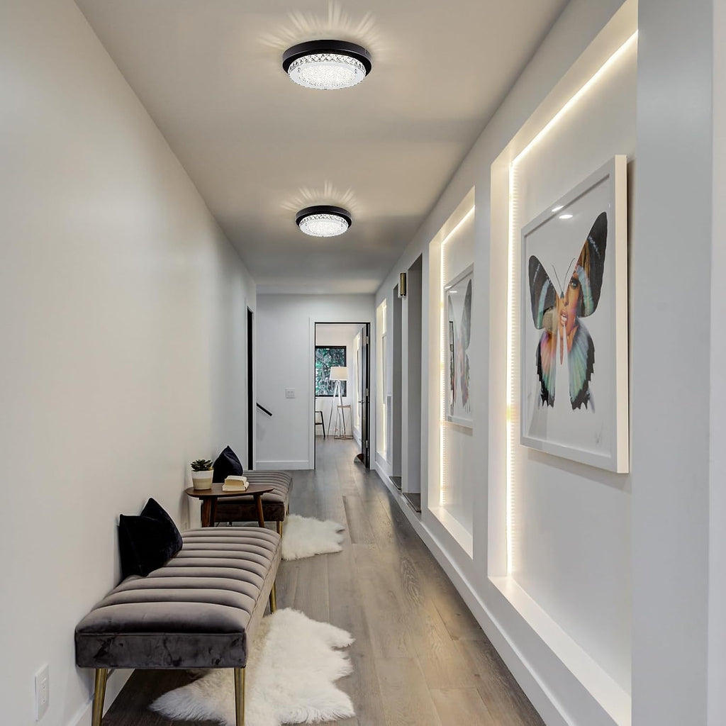 Flush Mount Ceiling Light Small Crystal LED Hallway Ceiling Lighting 10'' | 4000K, Dimmable, Mini, Black Crystal