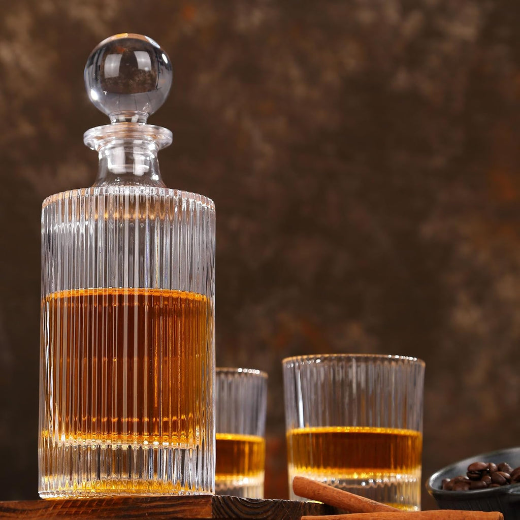 Whiskey Decanter Set with Gift Box - Includes 2 Crystal Bourbon Glasses and 2 Big Ice Ball Molds - Whiskey Glasses