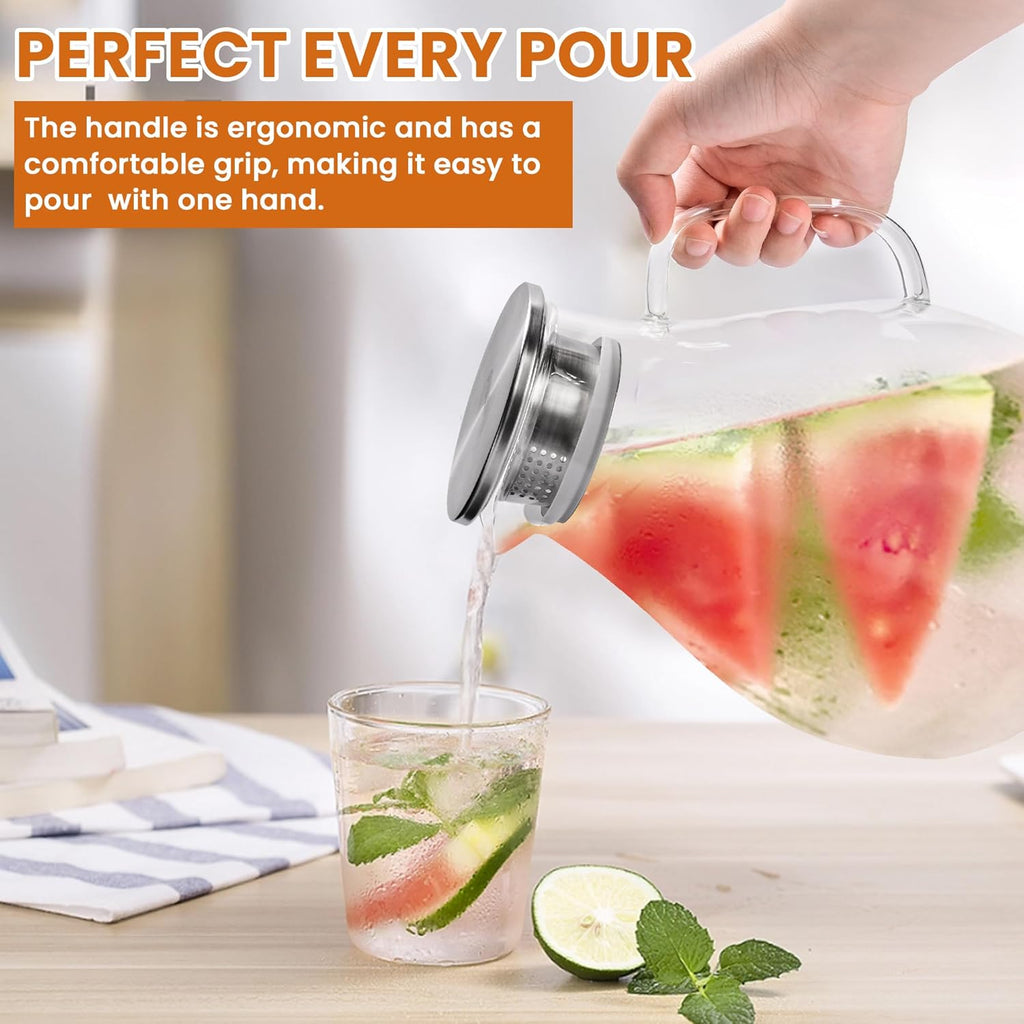 3 Litre 101oz Glass Pitcher Jar with Lid and Nozzle, 3.17Quart Cold/Hot Water Glass Water Bottle, Ice Tea for