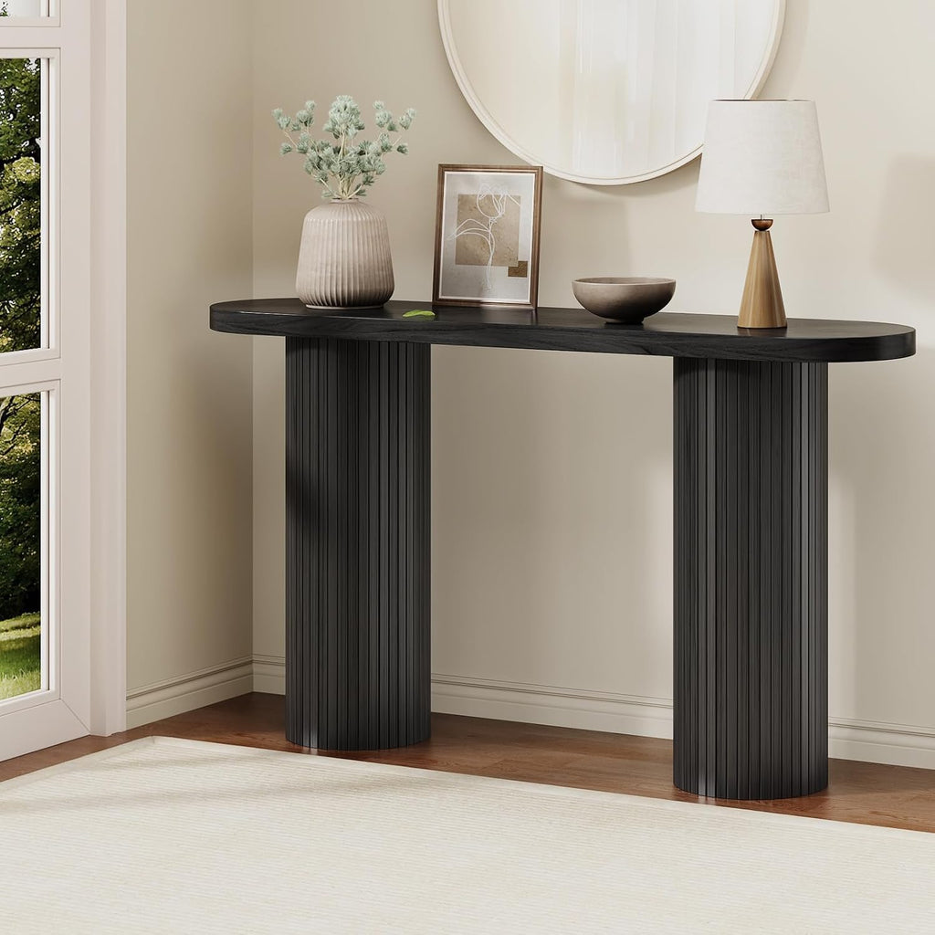55 Inch Entryway Console Table, Sofa Table Narrow Long Behind Couch, Black | Fluted Design, Oval Wood Table