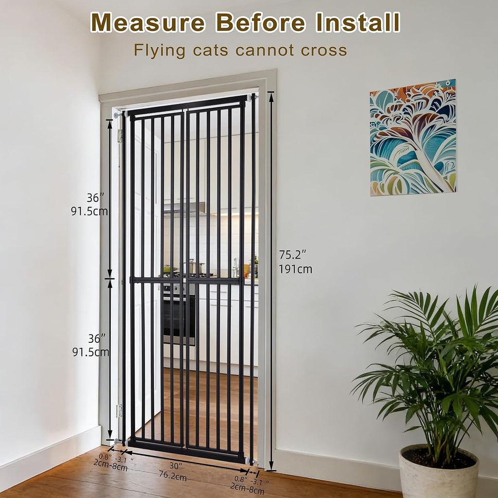 Extra Tall Cat Gate for Doorway - 75.2" Pressure-Mounted Transparent Cat Gate for Pets, Fits 30"-36" Width, No Wall