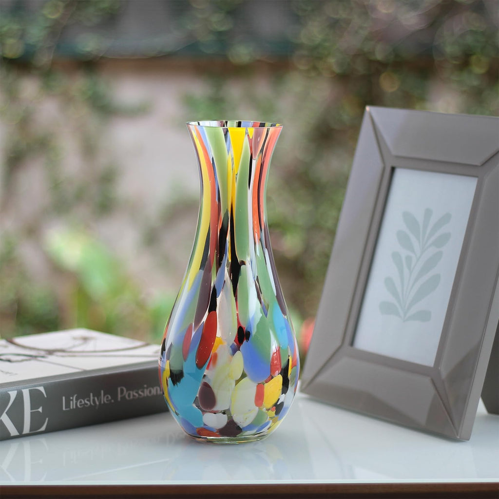 Murano Style Art Glass Vase Hand Blown Colorful Confetti Effect Home Decor | Hand Blown Glass Vase, Decorative Table