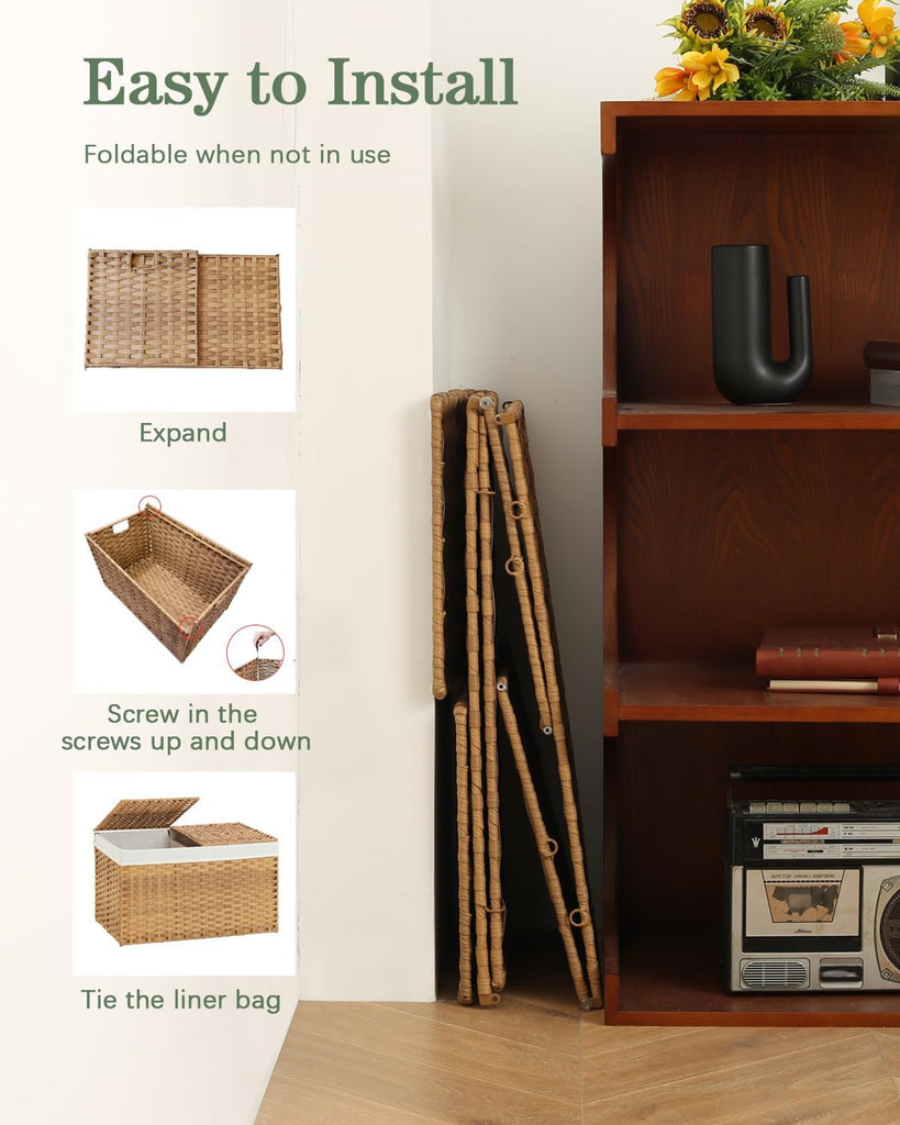 Storage Basket with Lid Rattan Woven Storage Baskets with 2 Separate Lids, 17.2 Gallon (65 L), 22 x 13 x 13.8