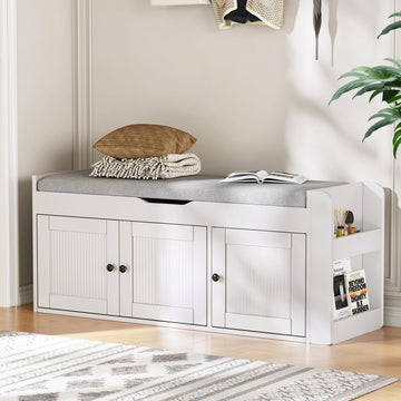 42.6" Storage Bench - Shoe Storage Bench with Side Storage Shelves and 3 Doors, Multifunctional Entryway Bench with