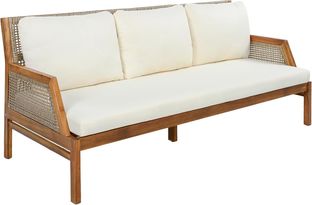 4-Piece Acacia Wood Patio Furniture Set, Outdoor Wicker Furniture Sectional Sofa Set with Coffee Table, 5 Seats Sofa