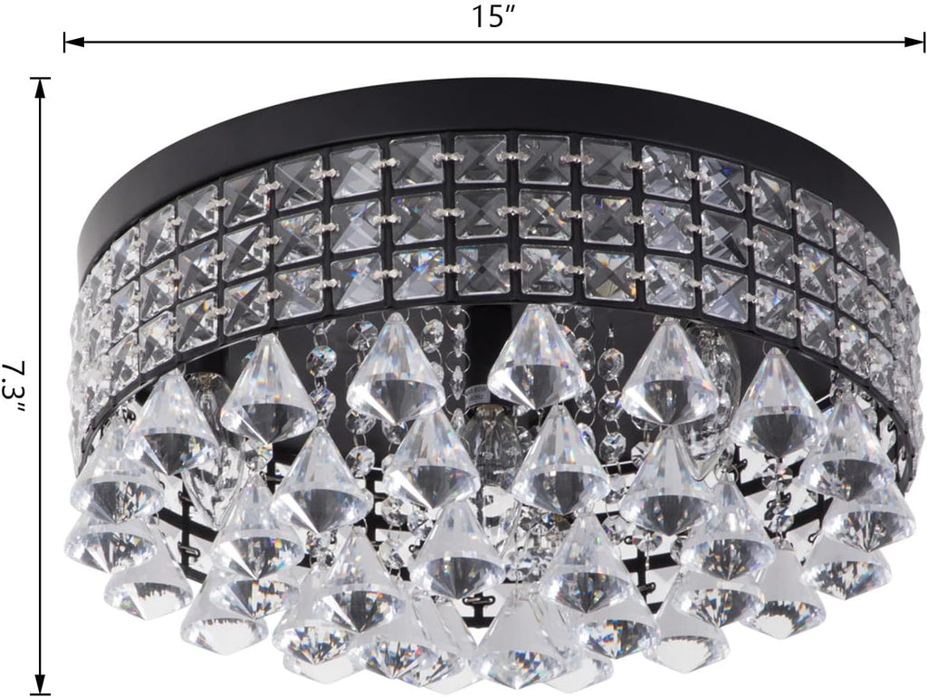 4 Lights Crystal Chandelier, Recessed Drum Ceiling Light, Mini Crystal Flush Mount Round Metal Shade Raindrop