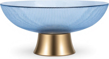 Round Glass Decorative Bowl (Blue), 9.8 Inches Handblown Striped Design Glass Bowl with Rust Resistant Metal