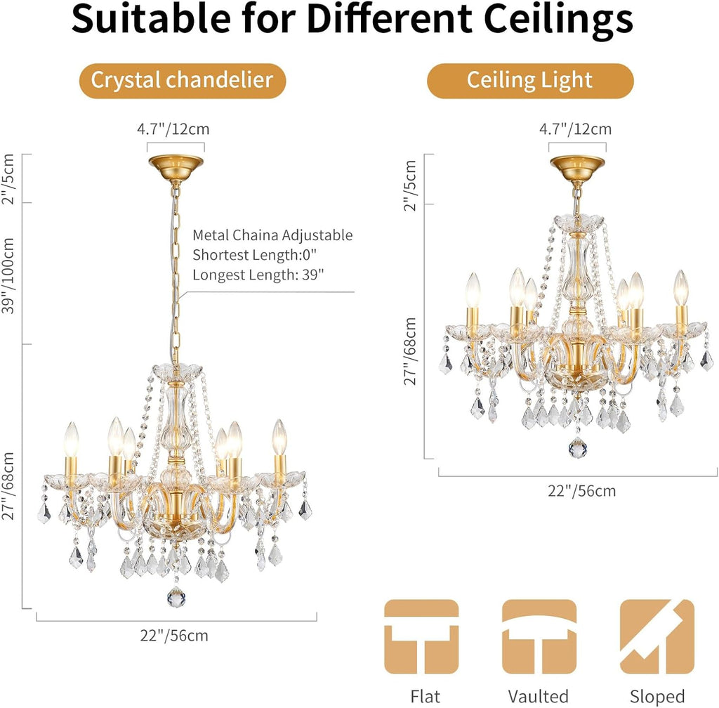 Crystal Chandelier Light Fixture, Modern K9 Crystal Chandeliers for Dining Room, 6-Lights Gold Ceiling Light, Adjustable Hanging Pendant Light Fixture for Living Room Entryway Kitchen Island Hallway