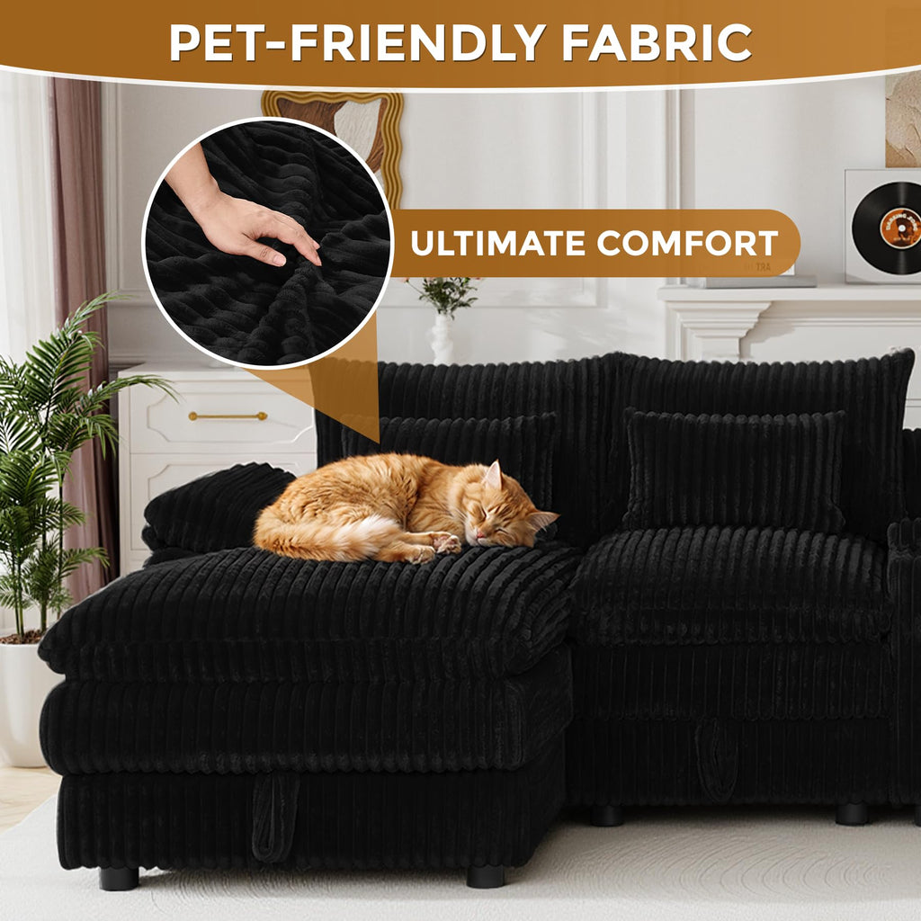 120" Cloud Couch Sectional U Shaped Black Sectional Couches, Plush Soft Comfy Fluffy Corduroy Couch Sectionals