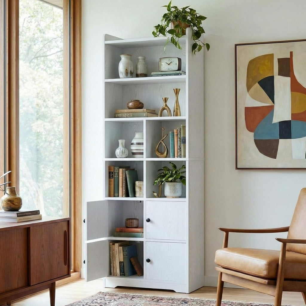 Bookshelf with Doors, Book Shelf with Storage Shelves, 74.6 in Tall Bookcase, White