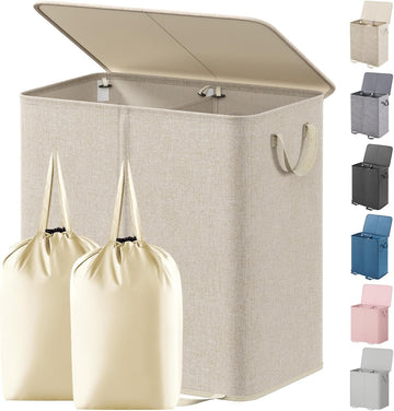 Double Laundry Hamper with Lid and Removable Laundry Bags, Large Collapsible 2 Dividers Dirty Clothes Basket with
