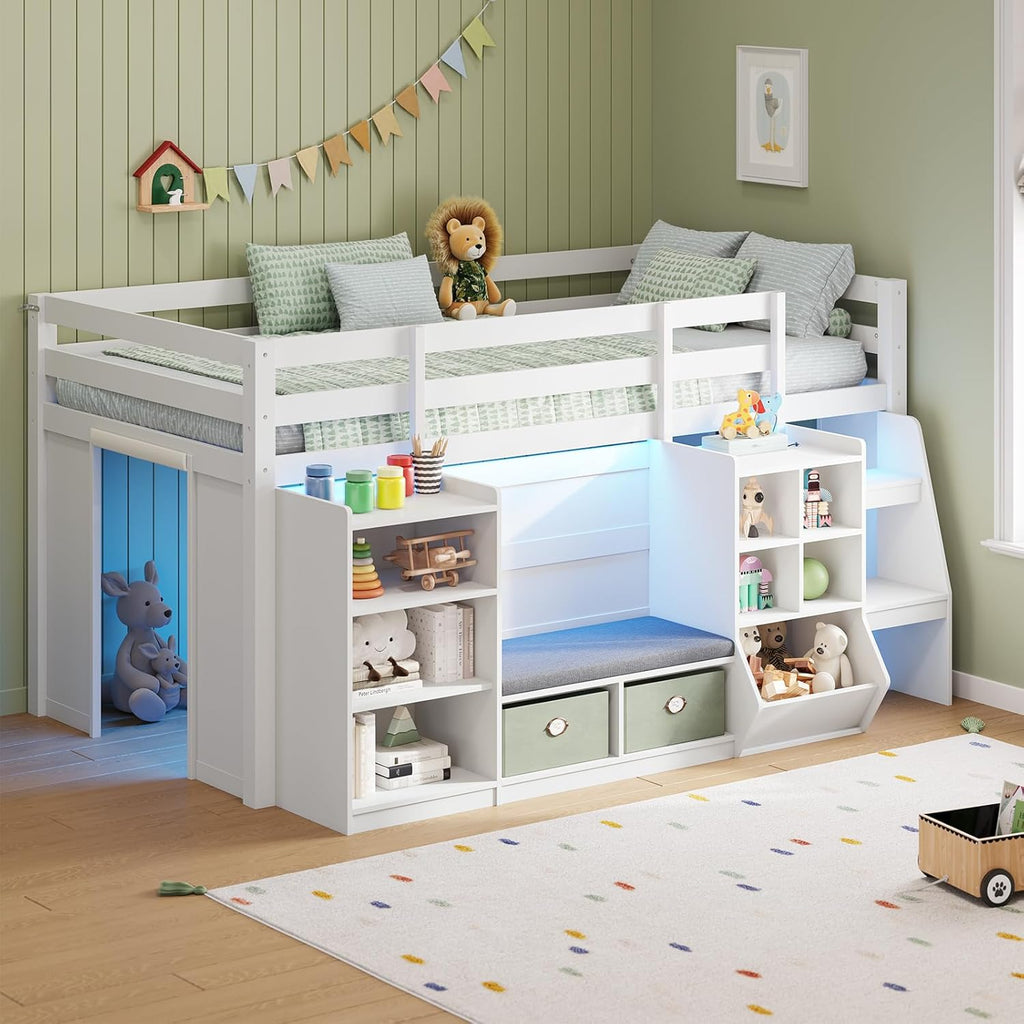 Low Loft Bed Twin with LED Lights, Wooden Kids Twin Loft Bed with Storage Bookcase, Toy Box