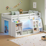 Low Loft Bed Twin with LED Lights, Wooden Kids Twin Loft Bed with Storage Bookcase, Toy Box
