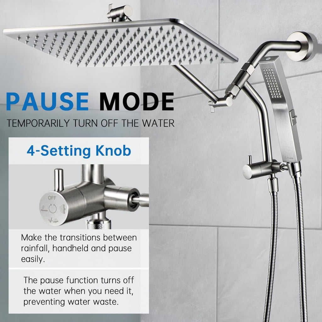 All Metal 14 Inches Rain Shower Head with Handheld Built-in Power Wash Mode, 3-way Diverter with Pause Setting