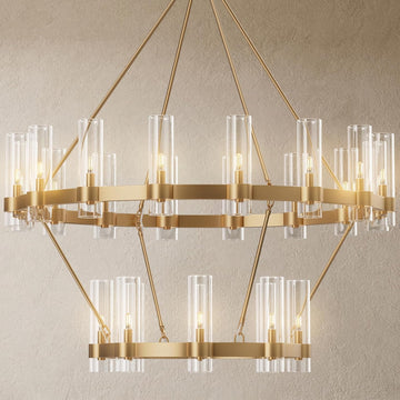 Inspired Ravelle Style 24-Lights Gold Chandelier,Wagon Wheel Chandelier with Glass Shade,48 Inch Large Round Industrial High Ceilings Pendant Lighting Fixture for Dining Room, Living Room, Kitchen Island, Foyer