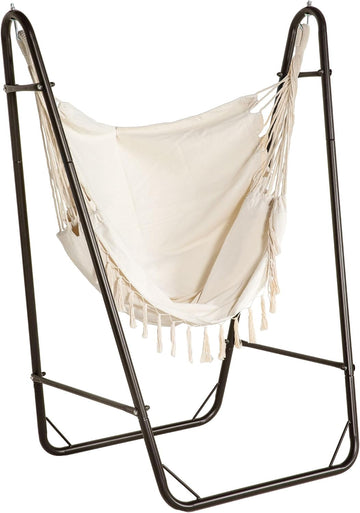 Patio Hammock Chair Outdoor with U Shape Stand Brown/Cream White | Outdoor Hammock Swing, Hanging Lounge Chair, Side
