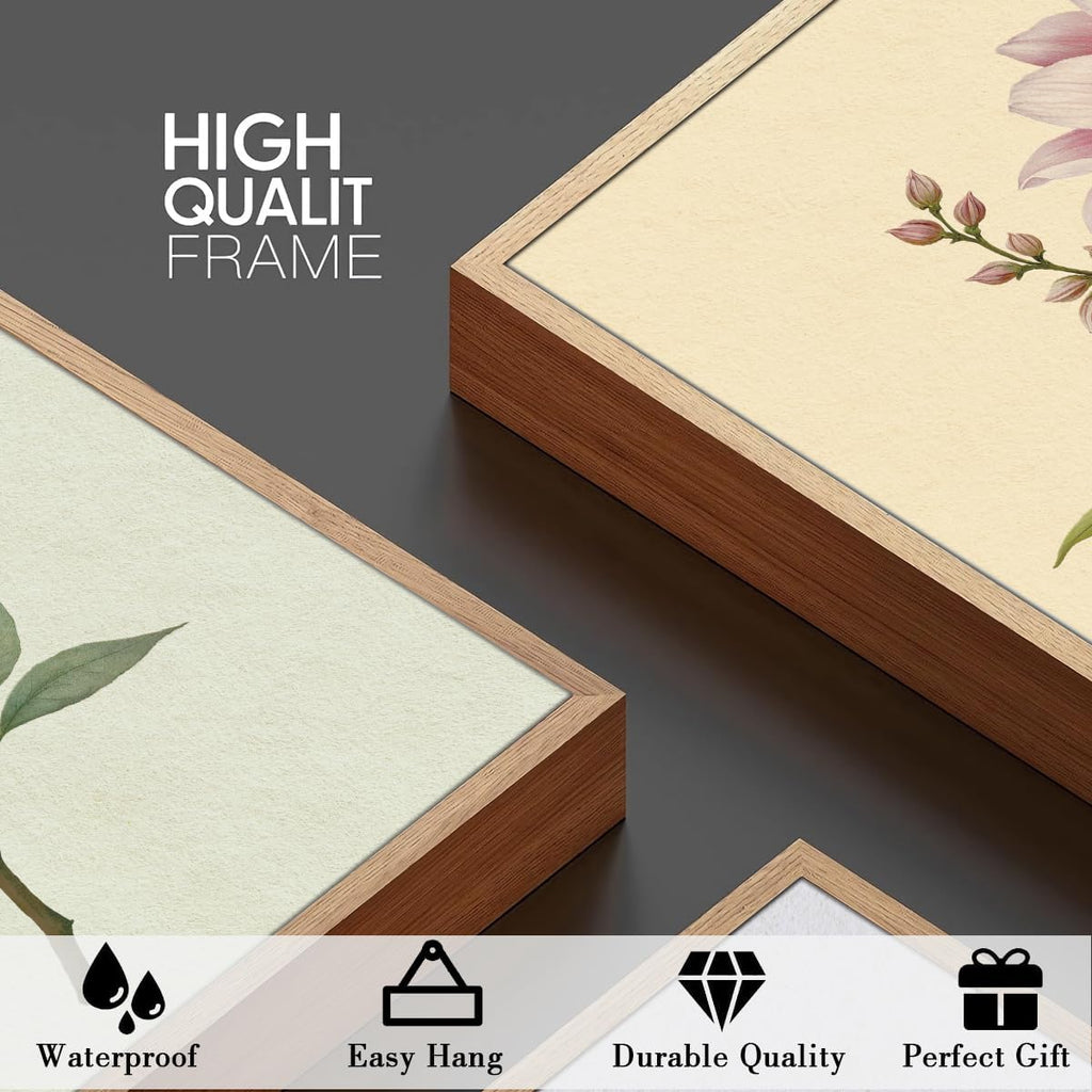 Boho Floral Canvas Wall Art, Framed Minimalist Beige Wildflower Wall Decor, Neutral Botanical Painting 16x24 Inch Set