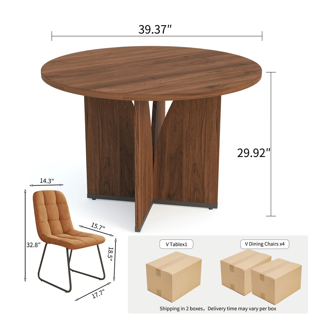 Modern Round Dining Table Set for 4, 39.4" Walnut Kitchen Table with 4 PU Leather Chairs, 5-Piece Mid-Century Dining