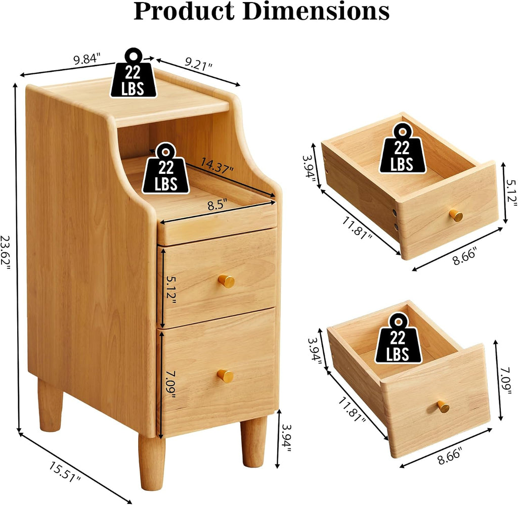 Solid Wood Narrow Nightstand, Slim Bedside Table with 2 Drawers & Slide-Out Tray, Mid-Century Modern End Table Side