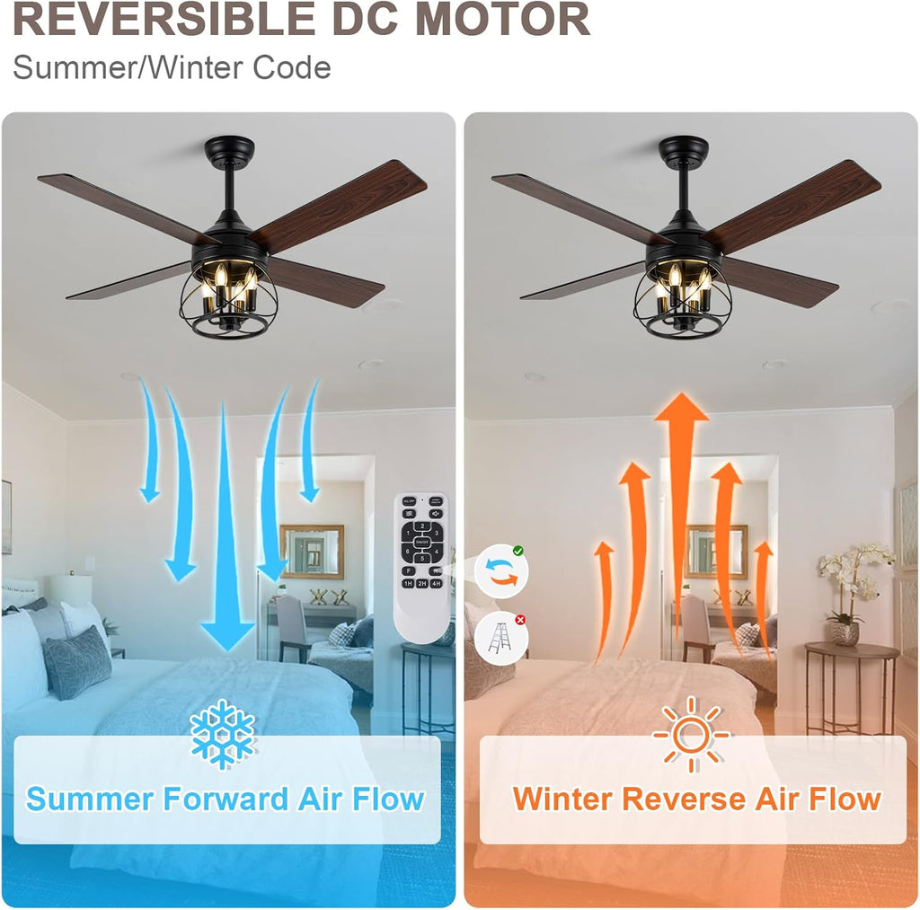 52 Inch Modern Farmhouse Ceiling Fan with Light - Industrial Caged Design