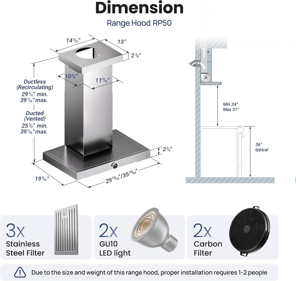 30 Inch Stainless Steel Wall Mount Range Hood 1200 CFM Low Noise Touch & Knob Control Baffle Filters, Convertible Ducted/Ductless Duct Cover Included