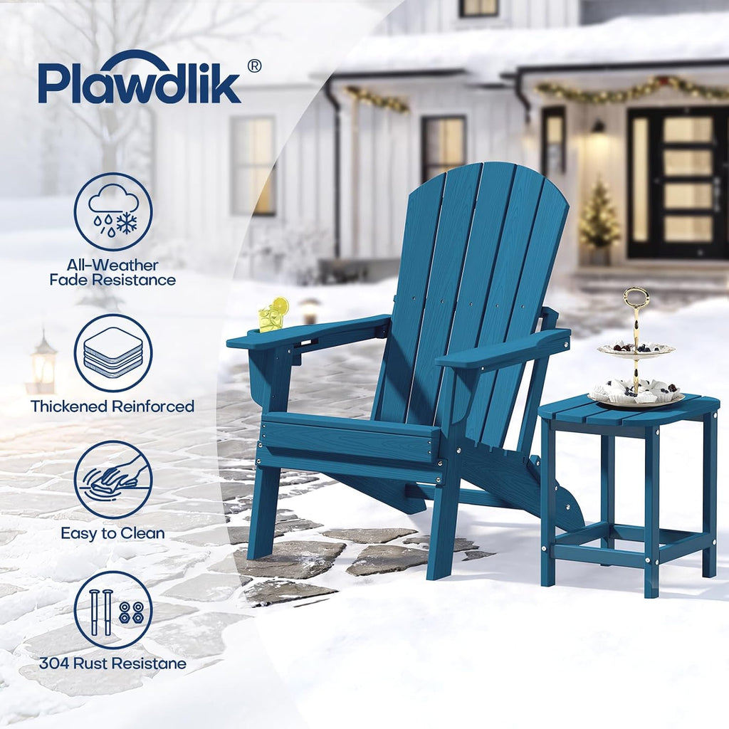 Folding Adirondack Chair with Cup Holder, HDPE All-Weather, Navy | SGS Tested, Faux Wooden Textured, Heavy