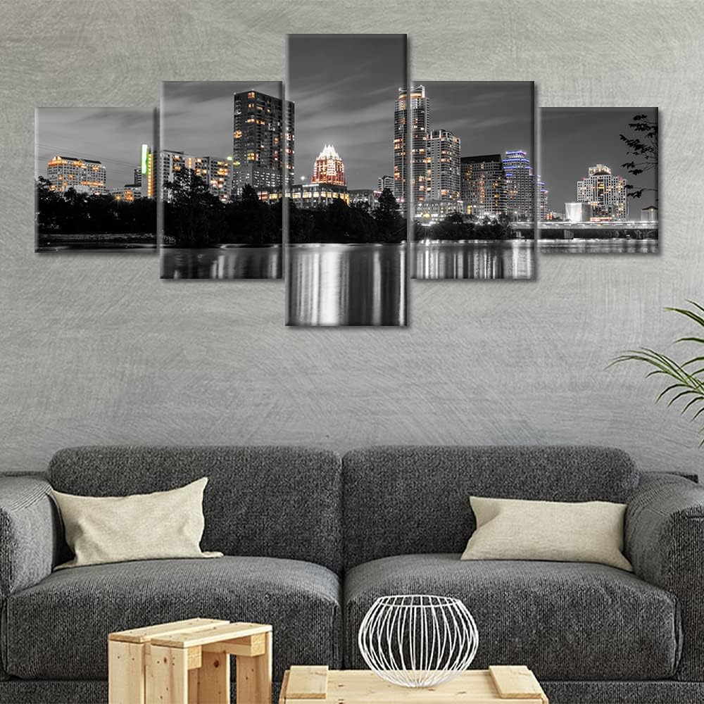 Austin Skyline Black and White Wall Art City Skyscraper Panoramic Wall Decorations Modern 5 Piece Texas Cityscape