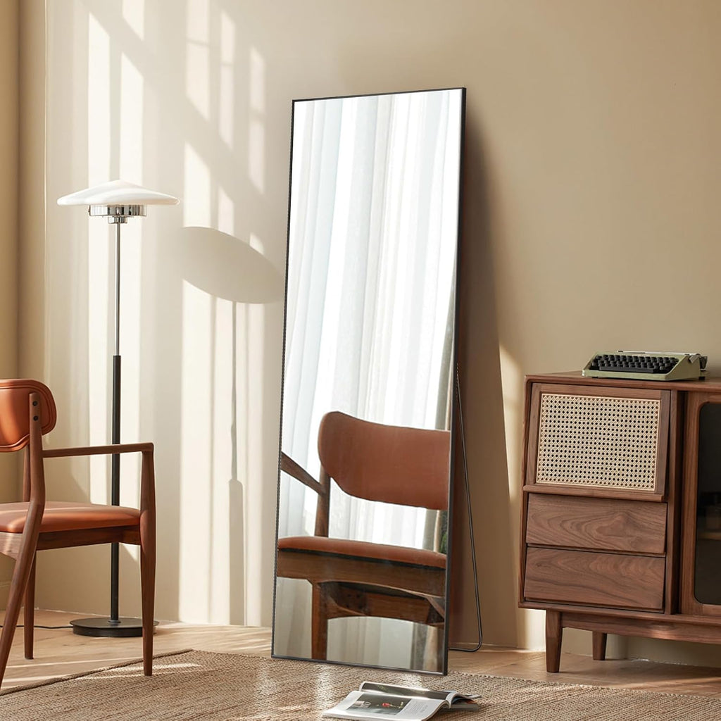64"x21" Full Length Mirror, Full Body Mirror, Black, Aluminum Alloy Thin Frame, Leaning or Hanging