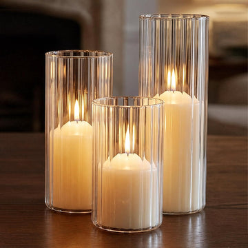 Ribbed Hurricane Glass Candle Holders, 3 Pcs Glass Cylinder Vases with 3 Pcs Unscented White Tall Pillar Candles for