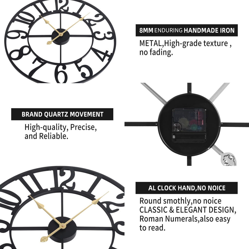 Oversized Wall Clock Decor - 40 Inch Silent Non-Ticking Wall Clocks Battery Operated, Metal Vintage Retro Decorative