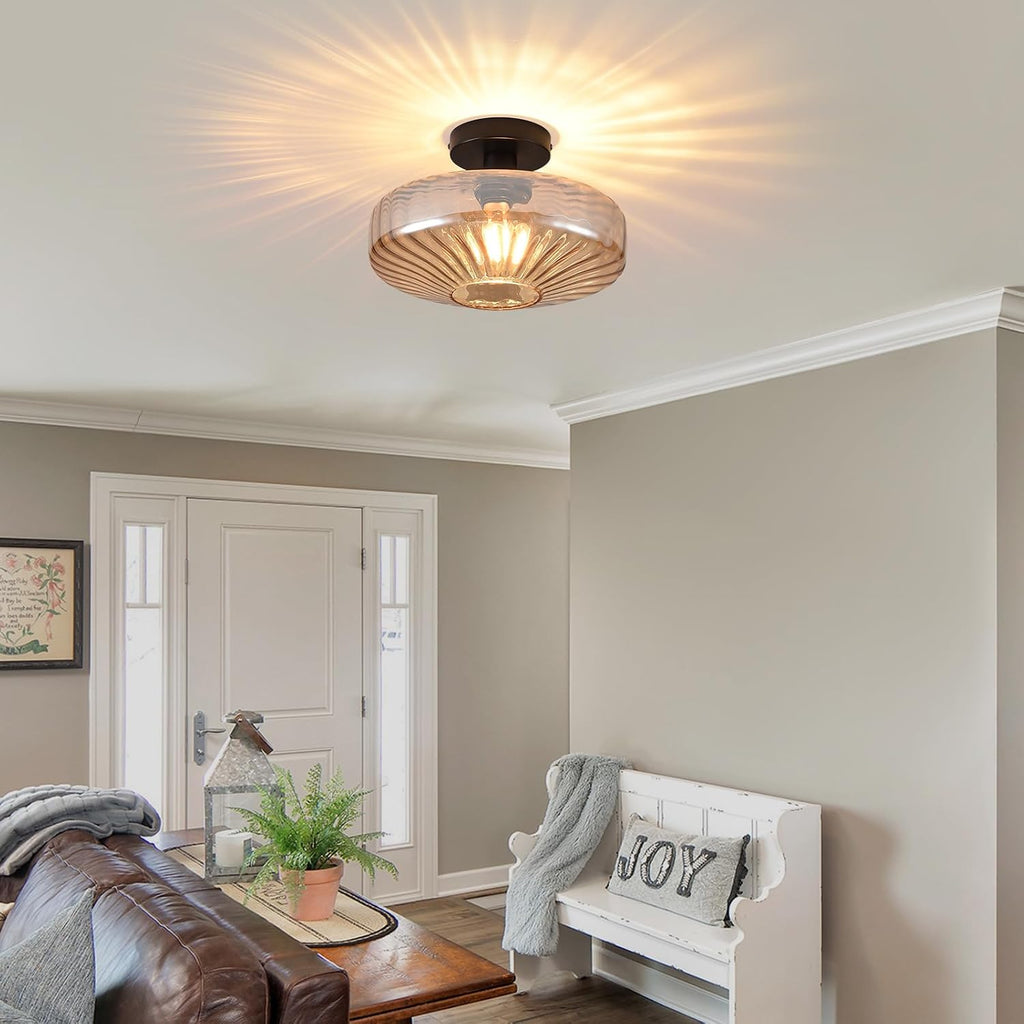 Semi Flush Mount Ceiling Light,11.8 inch Vintage Warm Amber Glass Ceiling Light Fixture,Living Room Lighting Fixtures