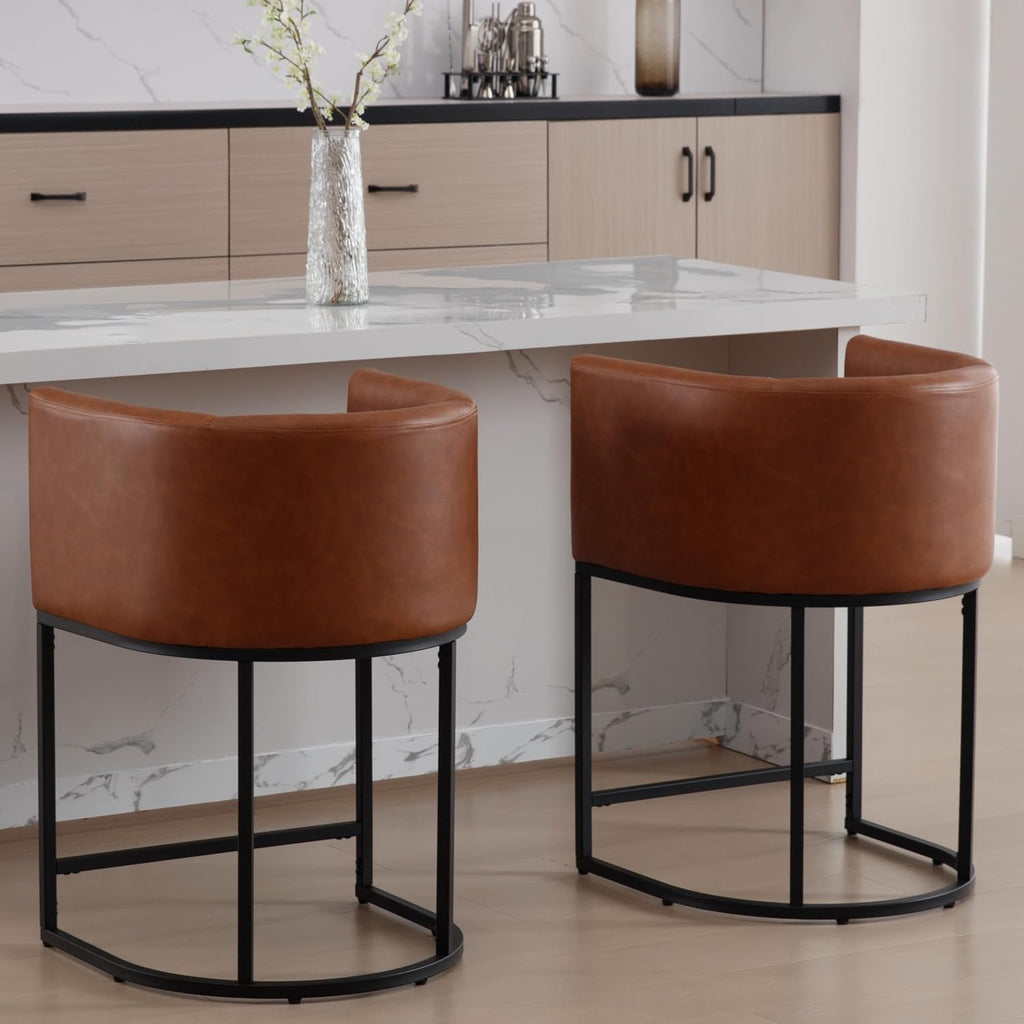 PU Leather Bar Stools Set of 3, Modern Upholstered Counter Height Bar stools 24" Leather Barstools Barrel