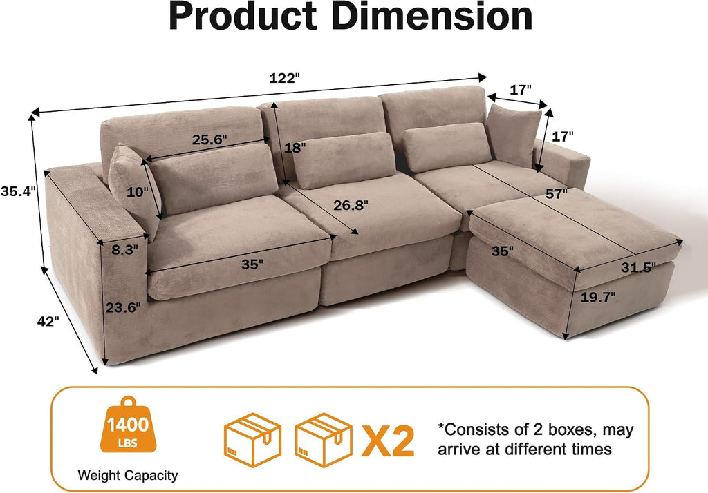 122" Oversized Modular Sectional Sofa, Boneless Couch , Modern Comfy L Shaped Cloud Couch Sectional with Movable