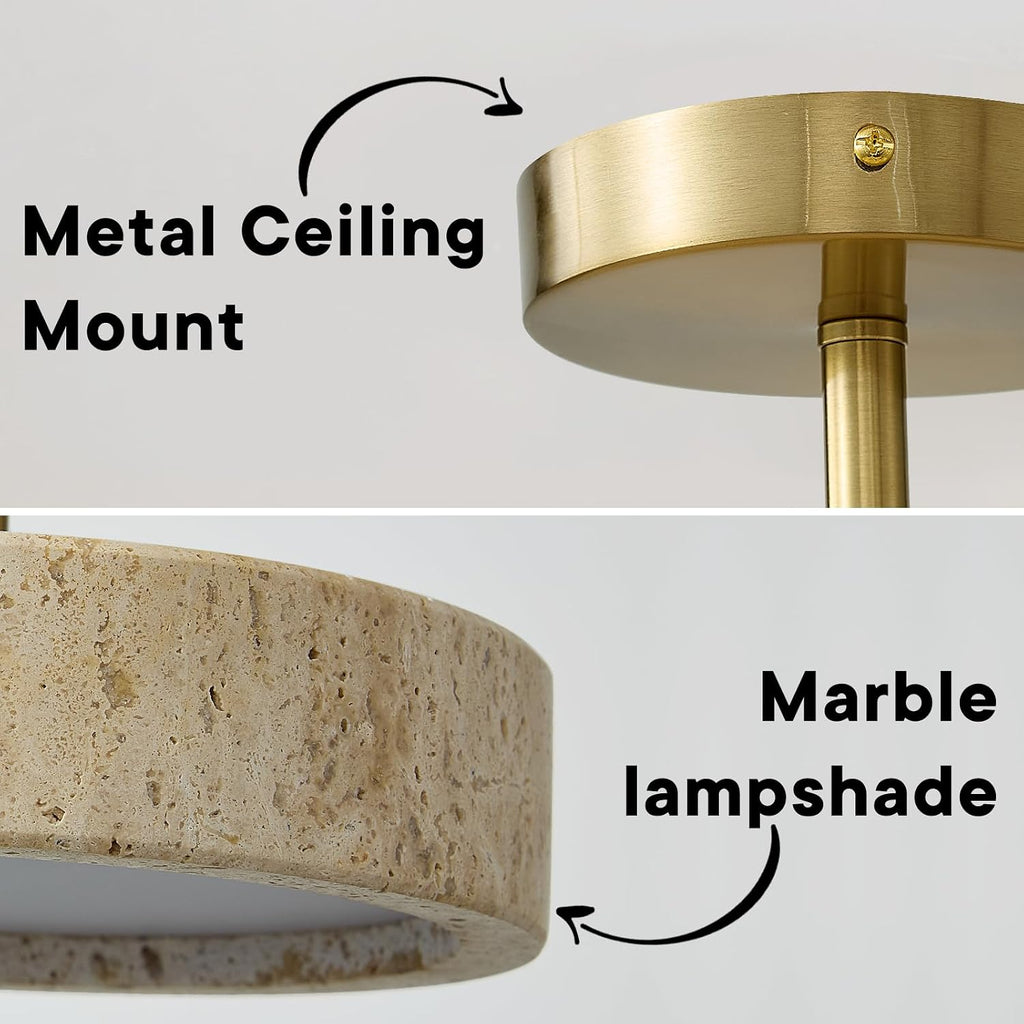 Wabi Sabi 8-inch Yellow Travertine Ceiling Light Fixture - Japanese Semi Flush Mount light with Brushde Gold Metal