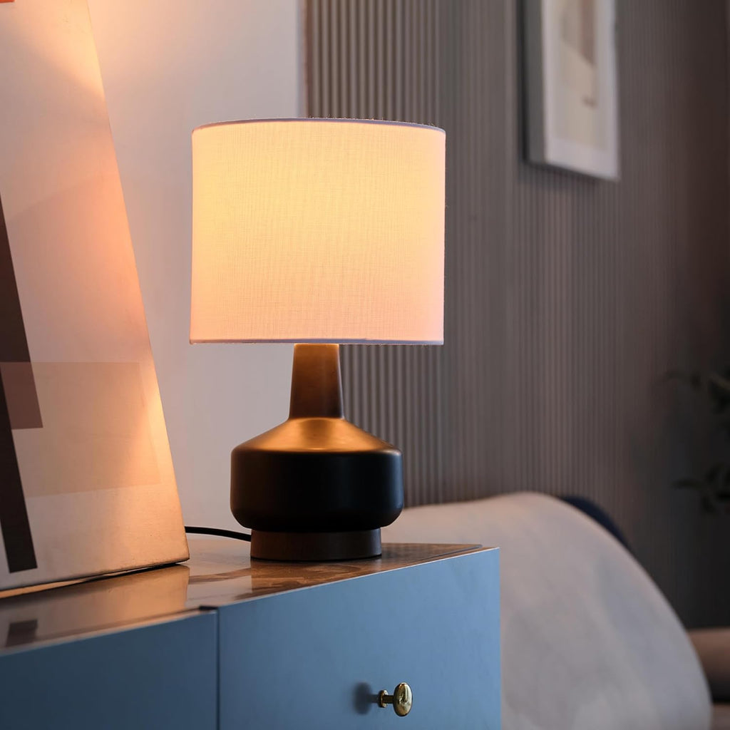 15" Ceramic Table Lamp, Matte Black Base, Wood-Toned Accent, White Linen Shade, Dual Rotary Switch