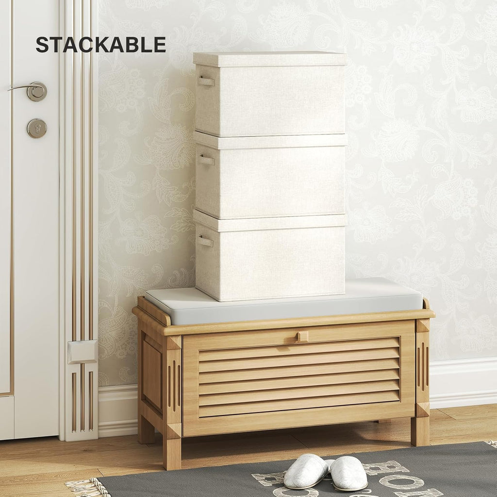 Large Foldable Fabric Storage Bins with Lids, 2 Pack Beige, 17.5"x12"x11.5", Cotton Linen Material with Handles, for