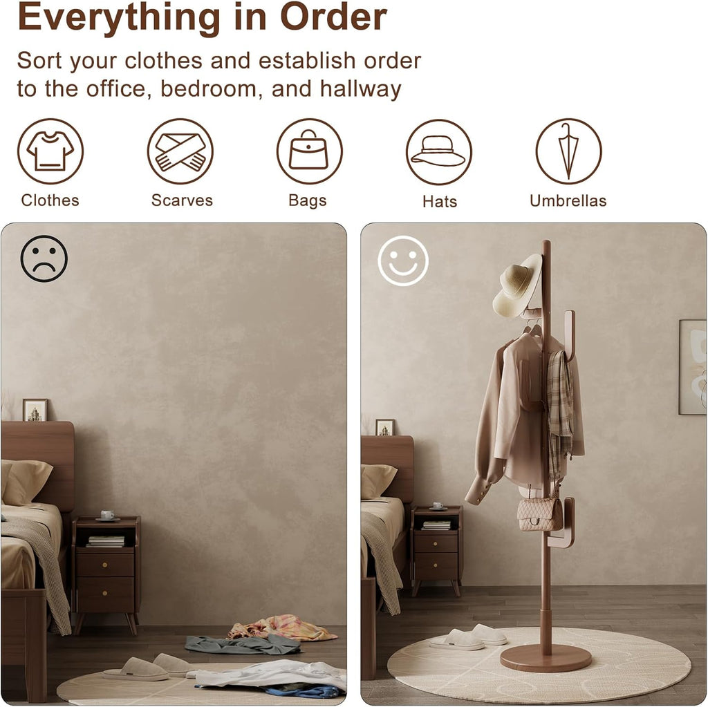 Solid Wood Cactus Coat Rack, Freestanding Coat Rack With 6 L-Shaped Hooks and 3 Adjustable Sizes, Coat Tree , Coat