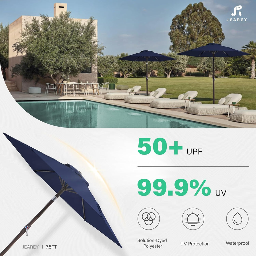 7.5FT Patio Umbrella Outdoor Market Umbrella with 6 Sturdy Ribs, Push Button Tilt/Crank Table Umbrella and Pool, Navy