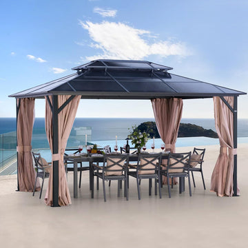 10' X 13' Permanent Hardtop Gazebo, Outdoor Polycarbonate Double Roof Canopy with Breathable Netting & Privacy Curtain