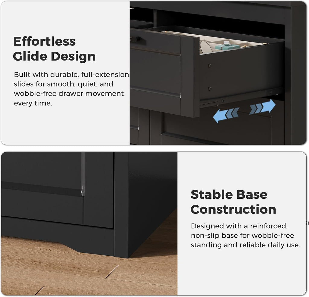 Black 6 Drawer Dresser , 47.2" Modern Chest of Drawers | Wooden Storage Dresser with Mental Handle, Large Double