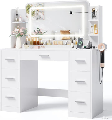 Makeup Vanity Desk with Large Mirror and LED Lights, Vanity with Power Strip and Hairdryer Holder, 6 Open Shelves and