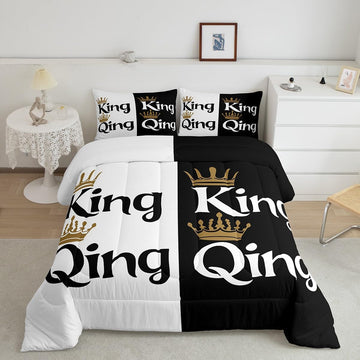 King and Queen Crown Comforter Set Black White Couple Bedding Set for Adult Women Men,His Her Mr Mrs Quilt