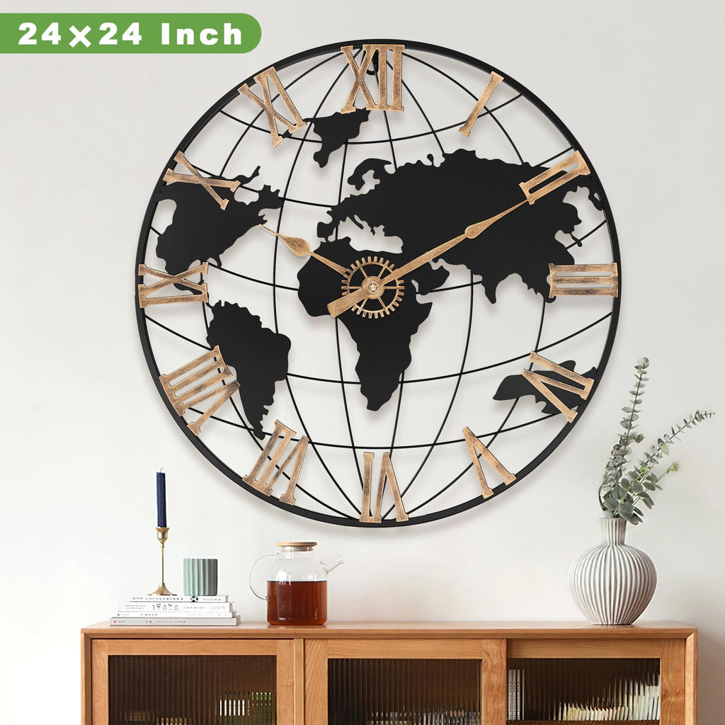 24 Inch Large World Map Vintage Gold Roman Numerals Wall Clock