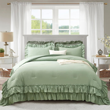 Comforter Set Sage Green, Lightweight Fluffy Farmhouse Ruffle Bedding Set, Soft Microfiber All Season
