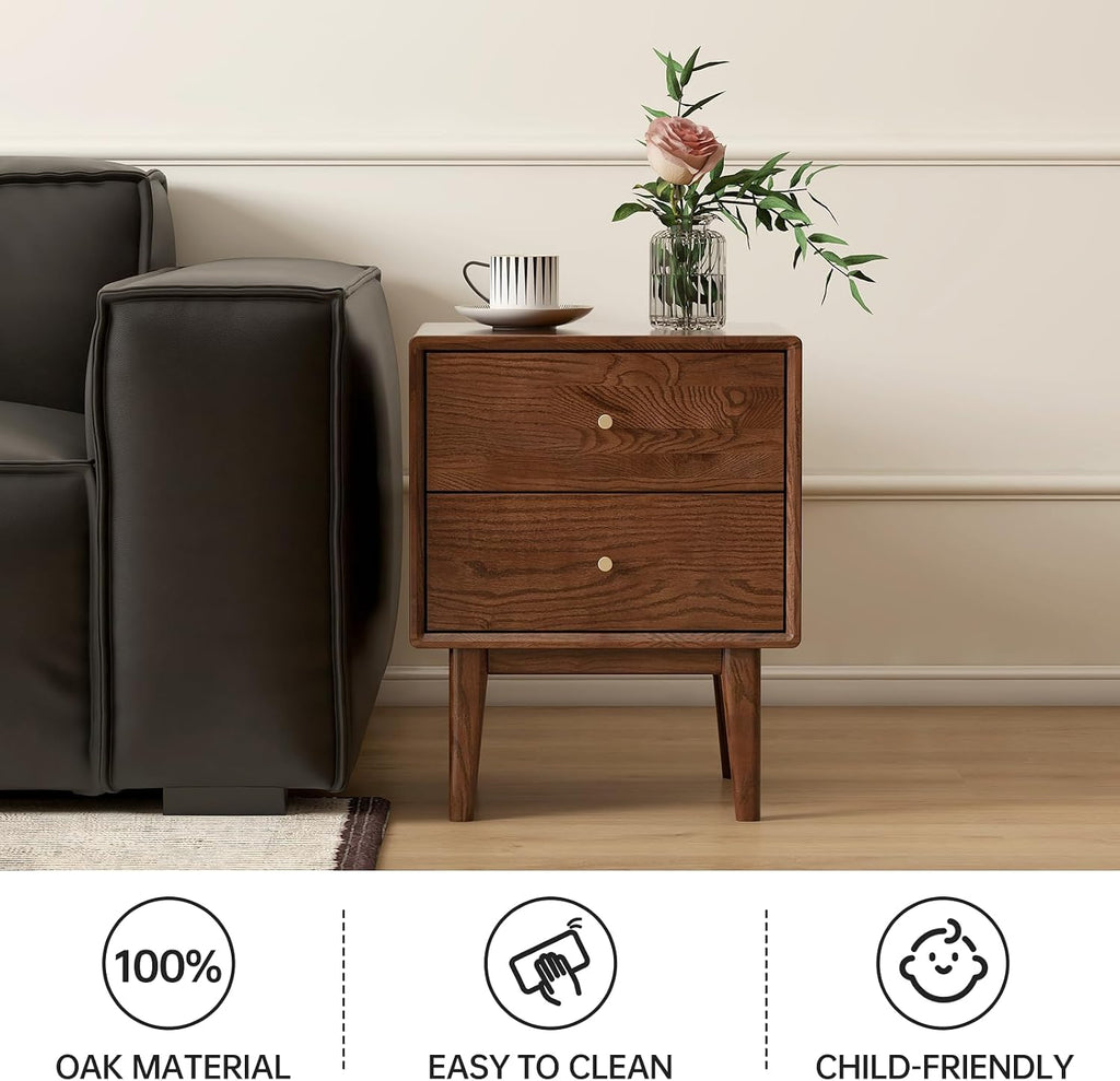 100% Solid Wood Nightstand, Walnut Nightstand with 2 Drawers, Mid Century Modern Night Stand, Oak Nightstands, Wooden