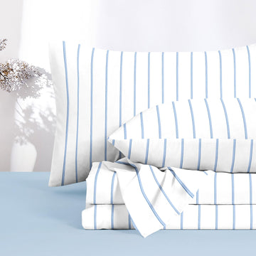 Striped Bed Sheets, 100% Cotton, 4 Pieces Sheet Set, Neutral Farmhouse Ticking Vertical Stripe Pattern Printed